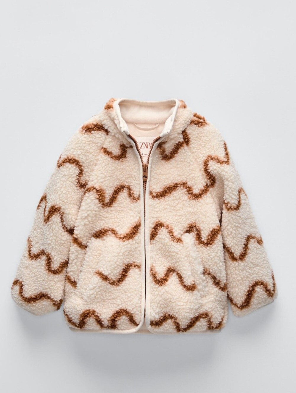 Zara Kids Cream Sherpa Jacket with Brown Wave Pattern